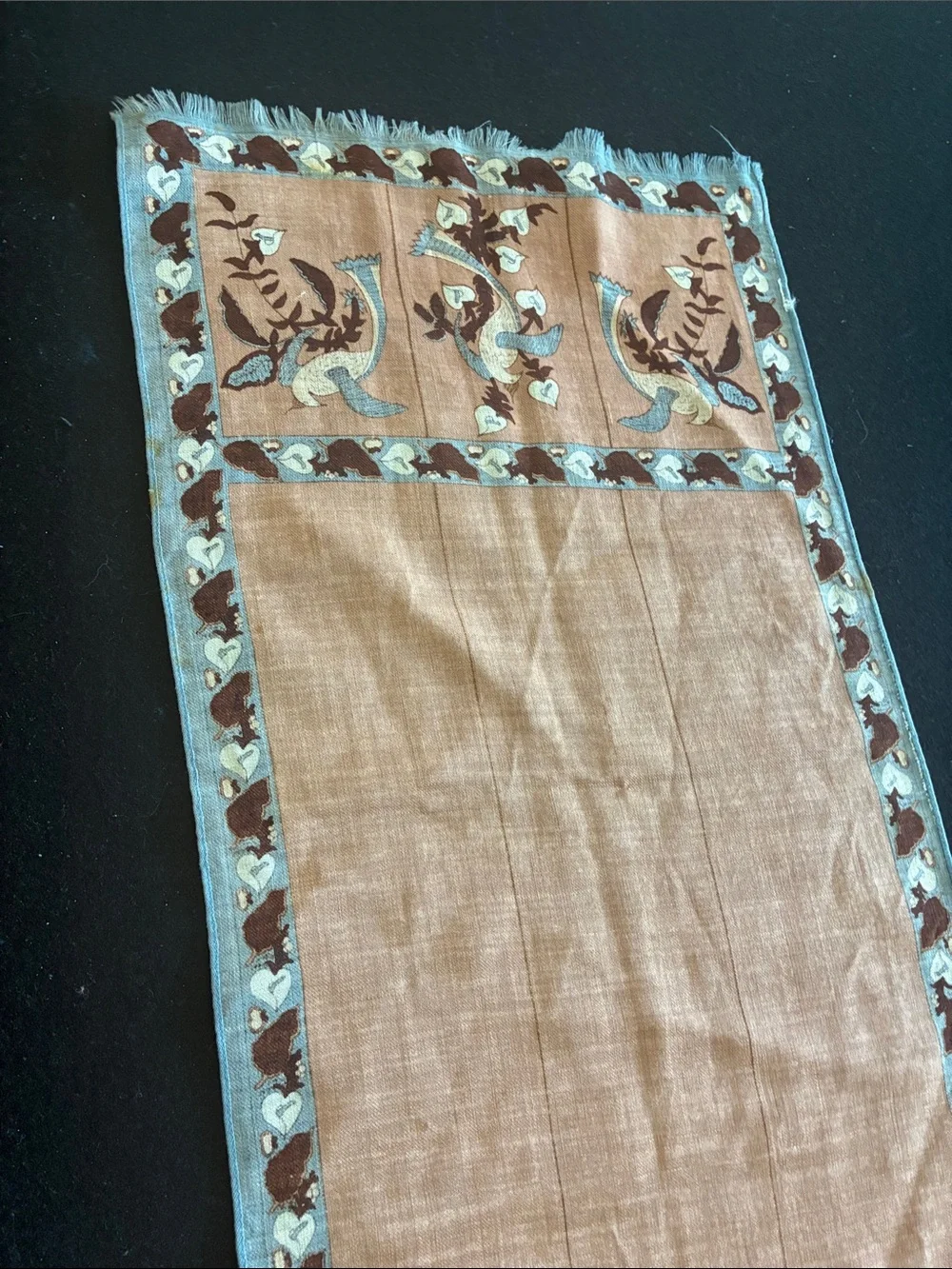 Vintage Long Linen Brown and Blue Bird Motif Scarf